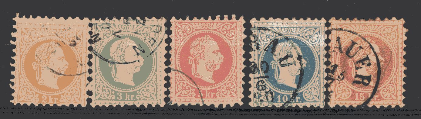 AUSTRIA 5 STAMPS, YEARS 1867/70, USED, VERY NICE