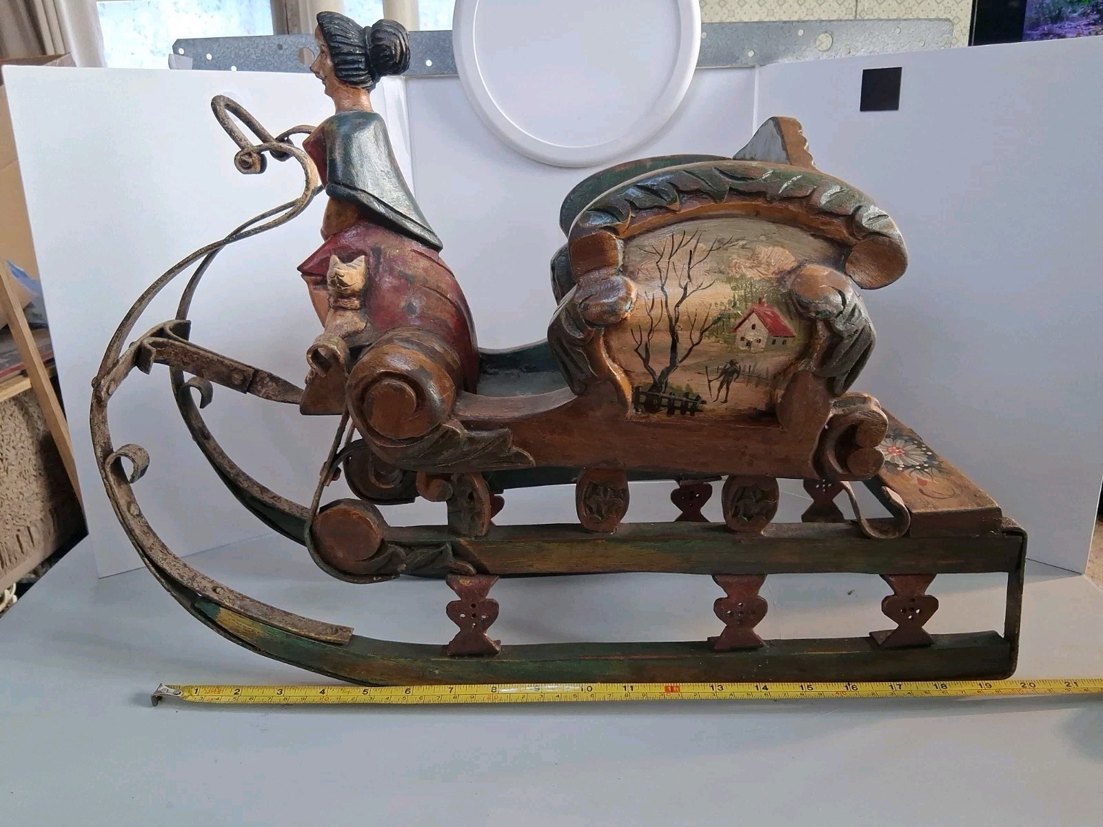 Antique German Hand Carved Wooden Sleigh Bavarian Folk Art Painted Maiden Sled