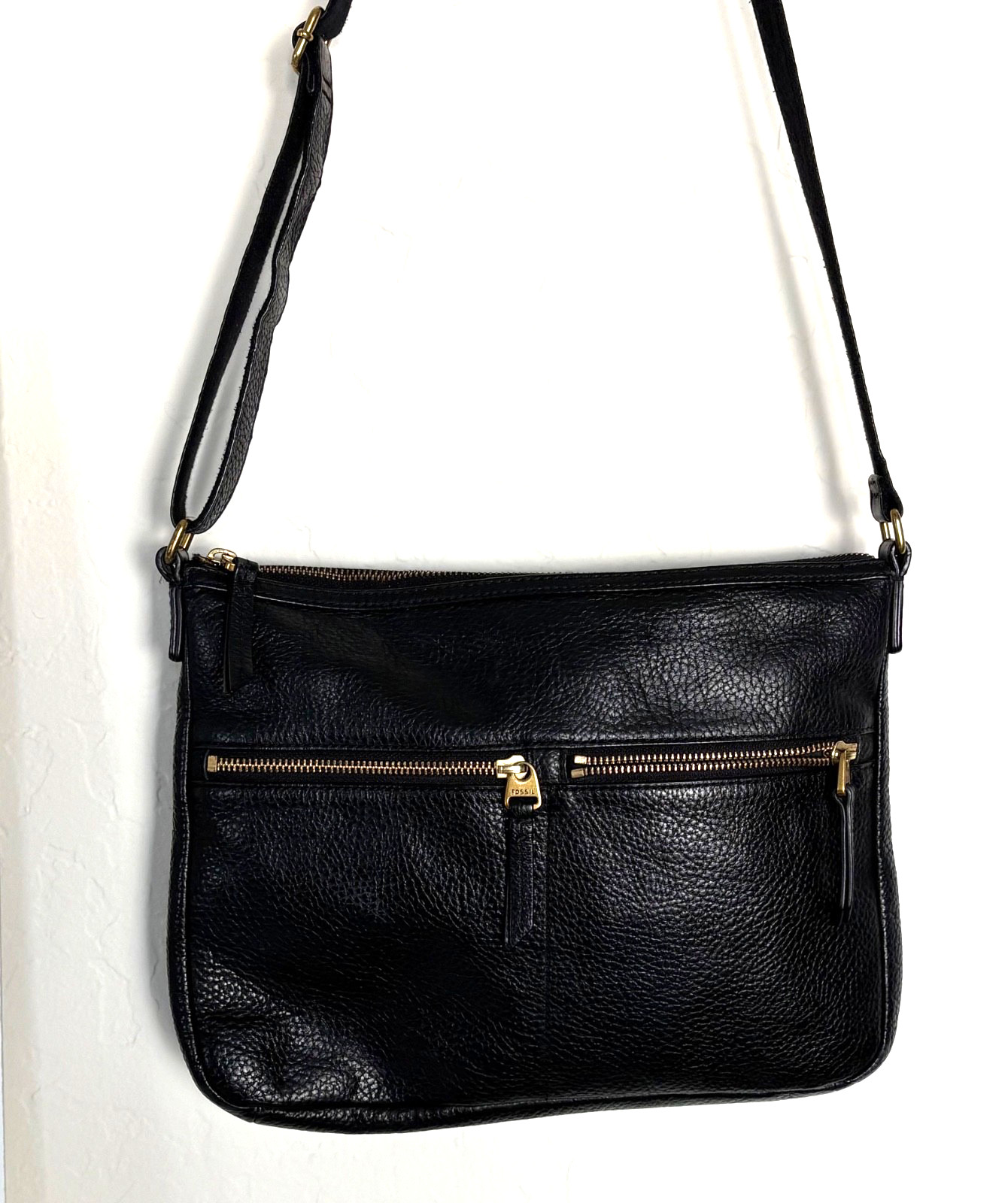 Fossil Womens Elise Crossbody Bag Black Pebbled Leather Purse Double Zip Pocket