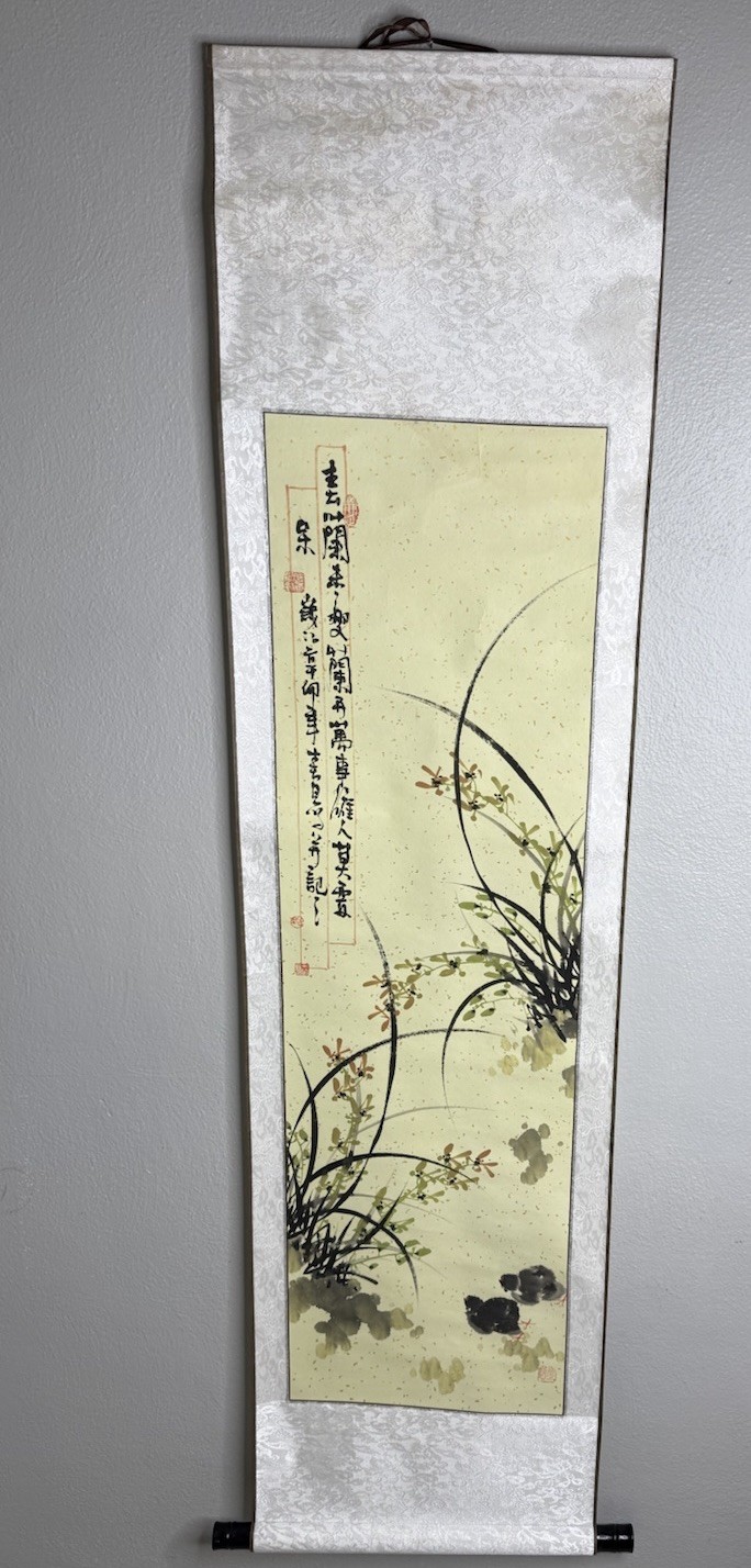 Vintage Hand Painted Hanging Scroll Art Wild Orchid Rock & Inscription Chops