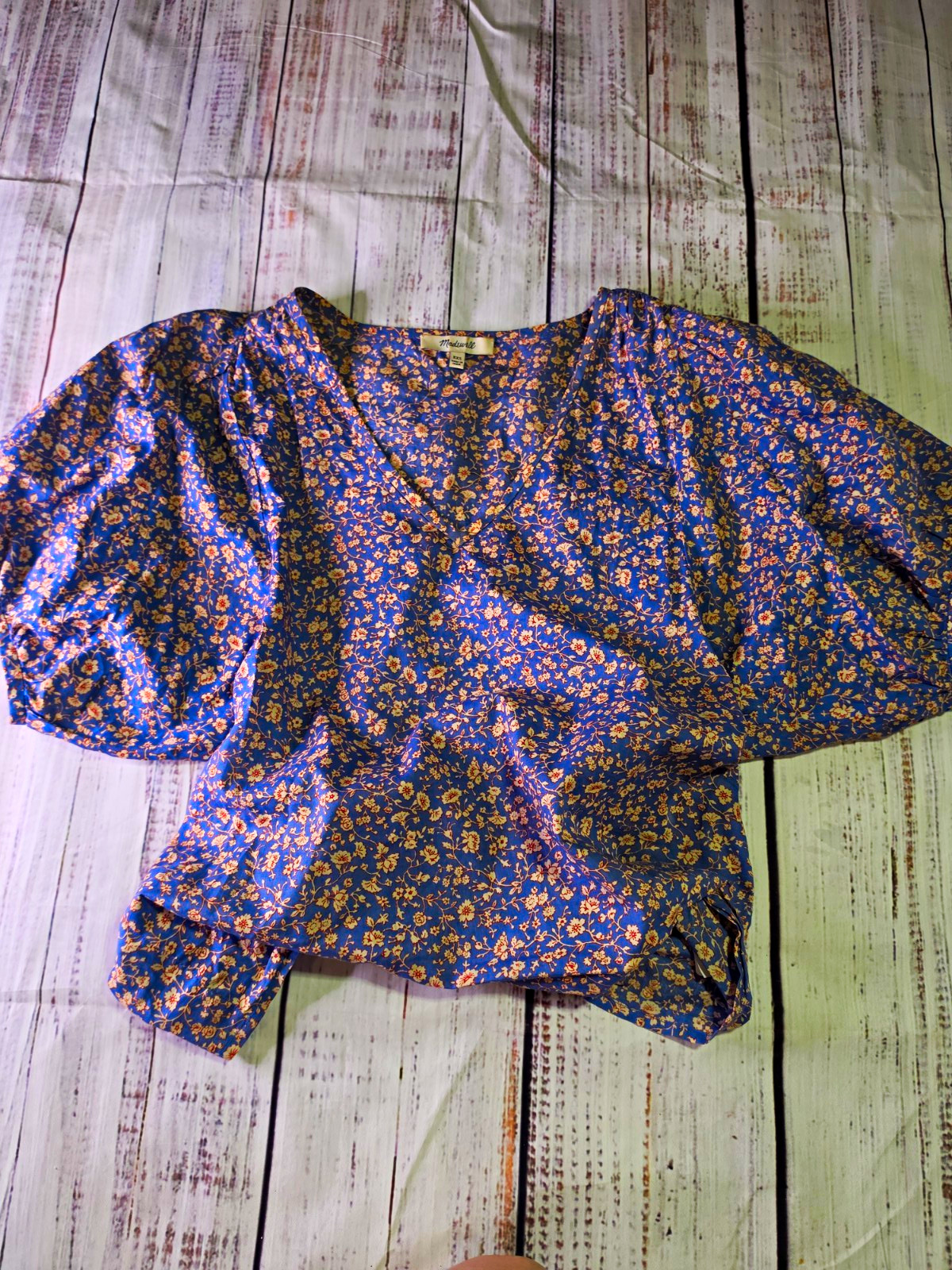 Madewell 2XS Blue Floral Long Sleeve Pullover Rayon Woven Ruffle Blouse Madewell 2XS Blue Floral Long Sleeve Pullover Rayon Woven Ruffle Blouse