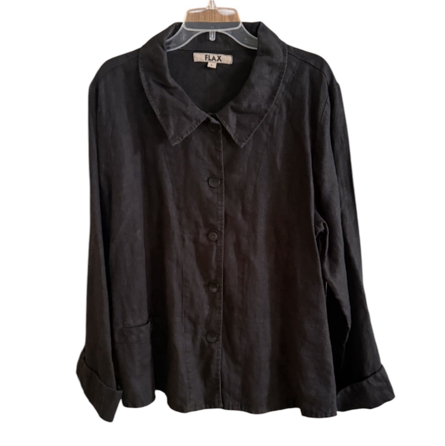 Flax Sz L Black Linen Jacket Button Front Oversized Fit Flax Sz L Black Linen Jacket Button Front Oversized Fit