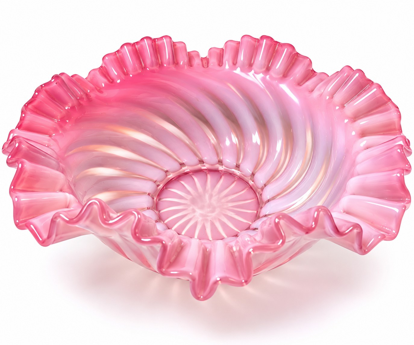 Fenton #1522 Cranberry Opalescent Spiral Optic Ruffled Bowl 9” 1938-1940 Vintage