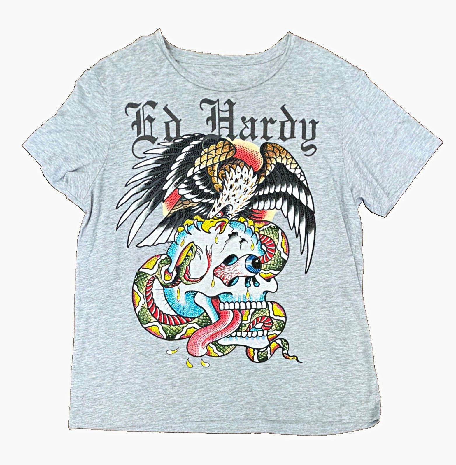 Ed Hardy Gray Double-Sided Skull Eagle Snake Graphic Tee w/ Rhinestones L