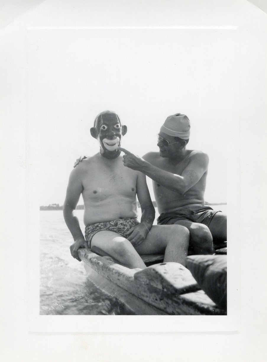 Men Wearing Offensive Mask Lake Weird Odd Creepy Photo Snapshot Vtg MCM Funny Men Wearing Offensive Mask Lake Weird Odd Creepy Photo Snapshot Vtg MCM Funny