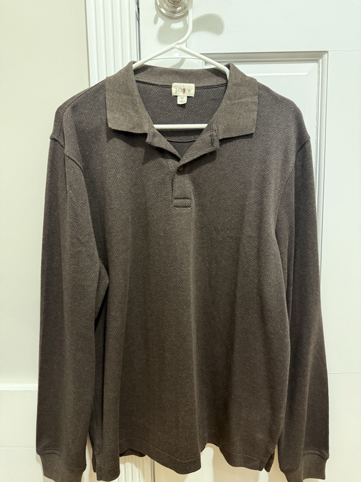 J.Crew Men\'s Brown Herringbone Knit Long Sleeve Polo Shirt Men’s size medium