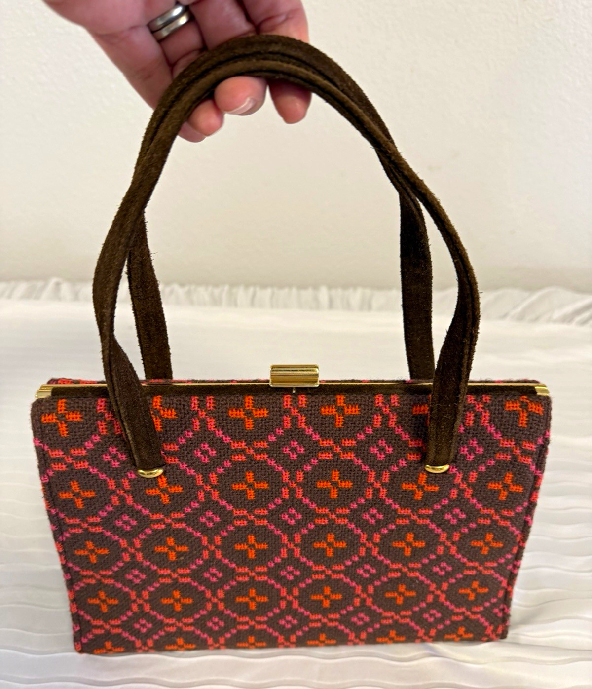 Vintage 1960s Tapestry Top Handle Handbag Brown Suede Trim Made in England Frame