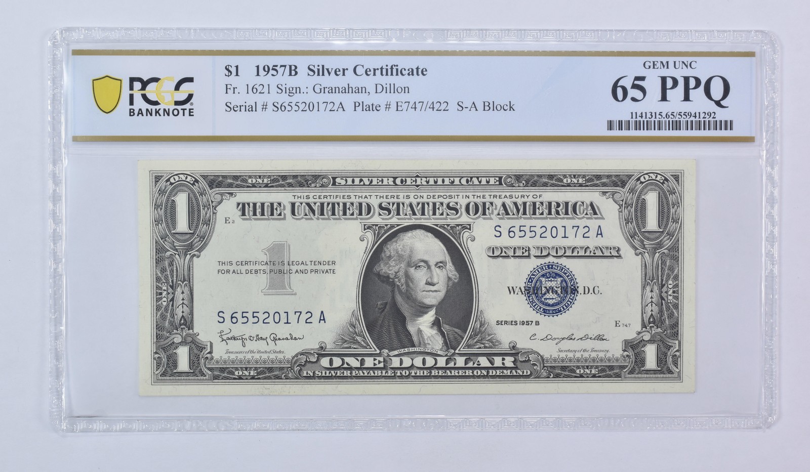 1957 B $1 Silver Certificate Fr#1621 Gem Unc 65 PPQ PCGS
