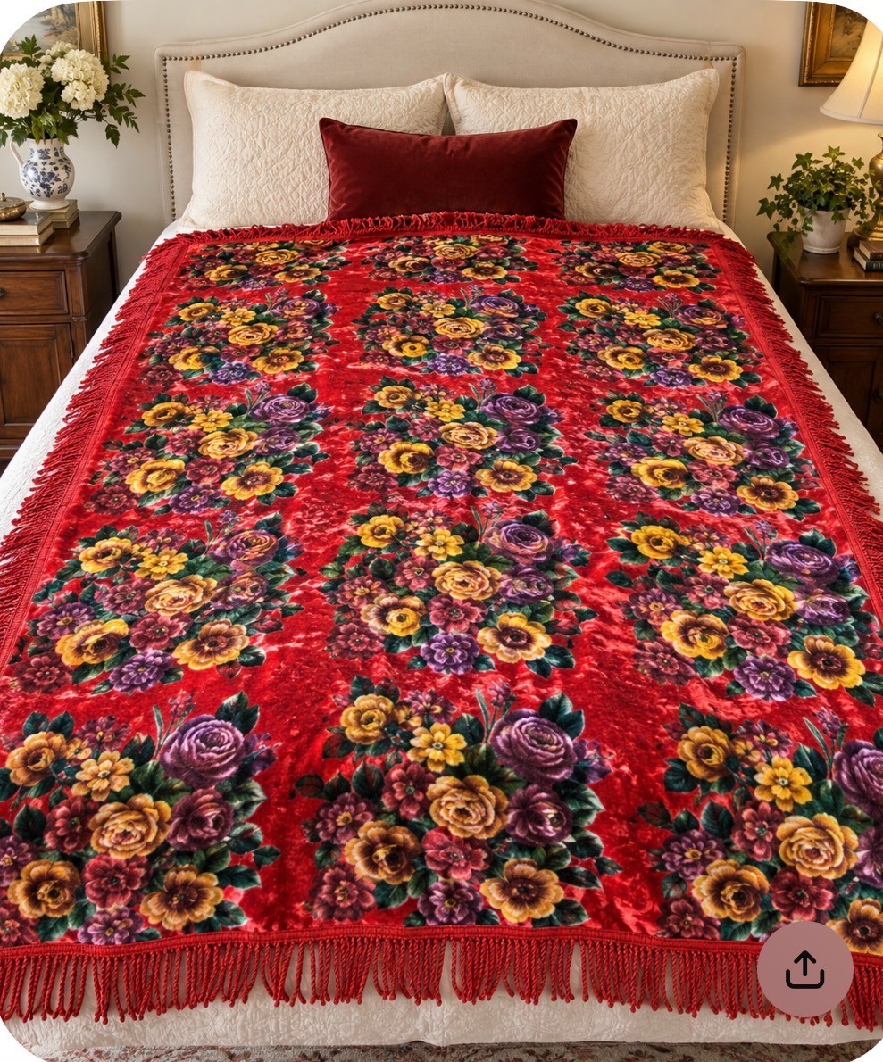 Vintage Red Plush Bedspread Floral Roses Fringe Blanket Sofa Throw Tablecloth