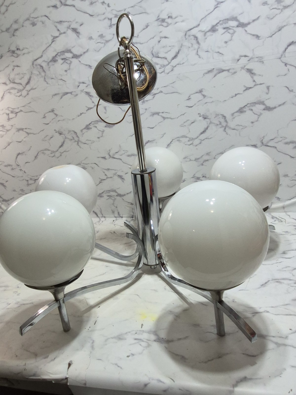McM Chrome Opaline Sciolari Style Chandelier 5 Globe Space Age Atomic Sputnik
