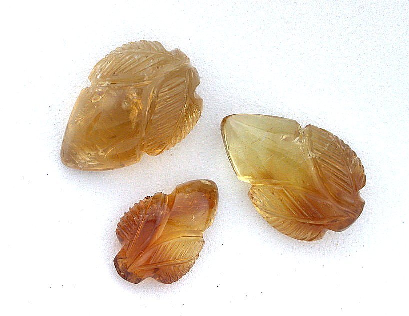 19.80 Carat Three Natural Brazilian Citrine Carved Leaf Gemstone Gem Carvings