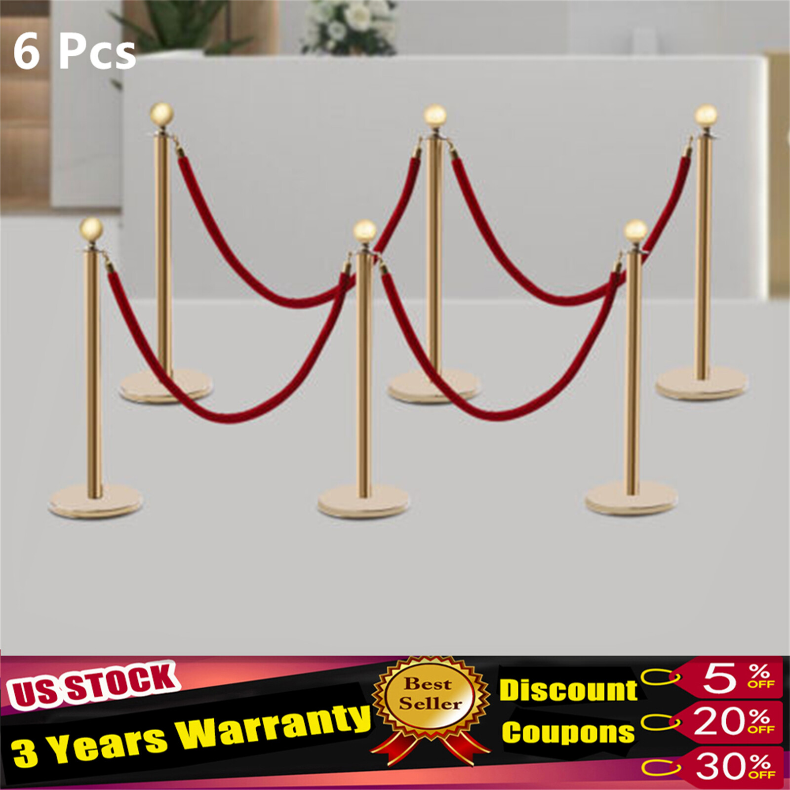 6Pcs Golden Stanchion Posts w/ 4 Velvet Ropes Crowd Control Queue Pole Barrier