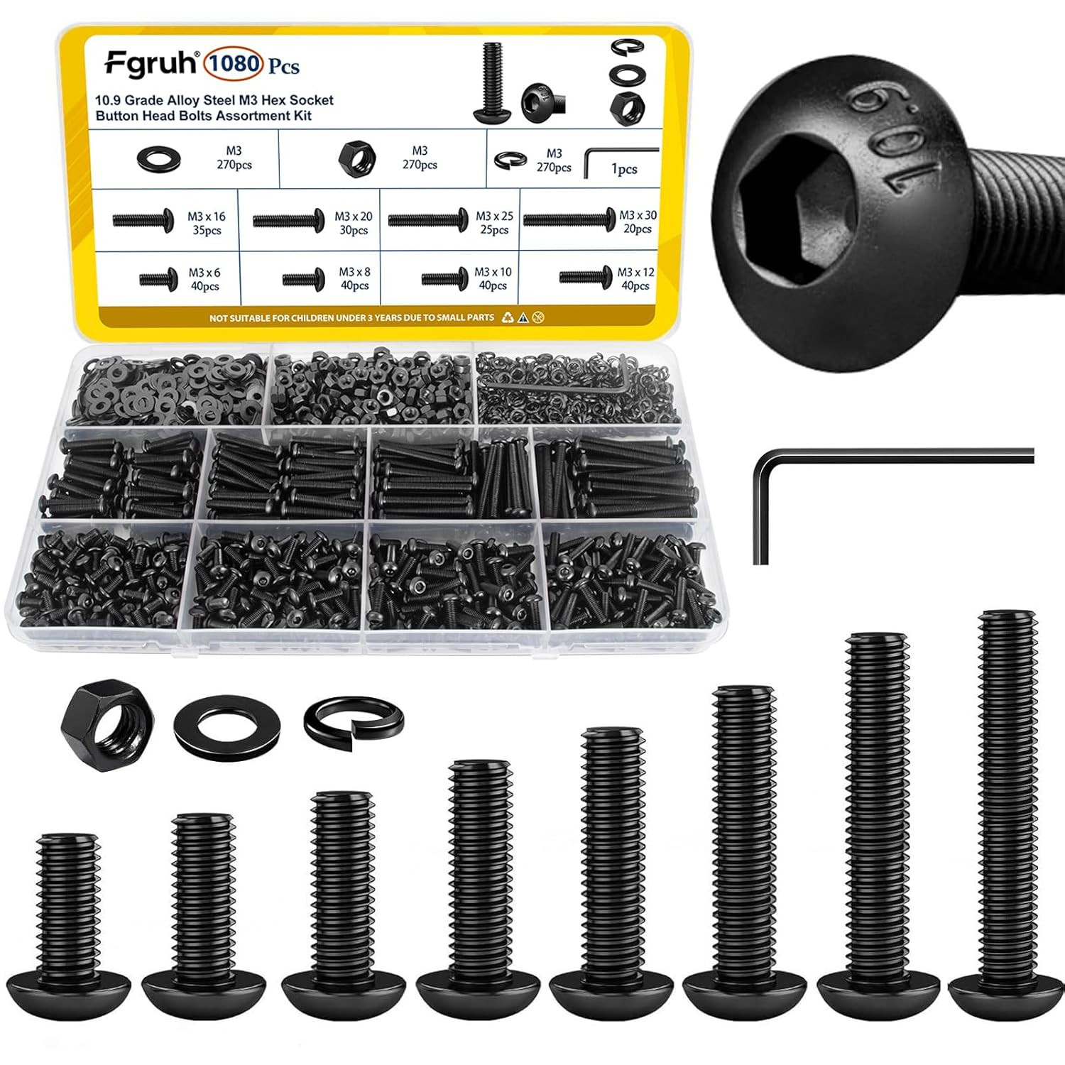 1080PCS M3 Screws Assortment Kit, M3X6/8/10/12/16/20/25/30 Mm Hex Button Head