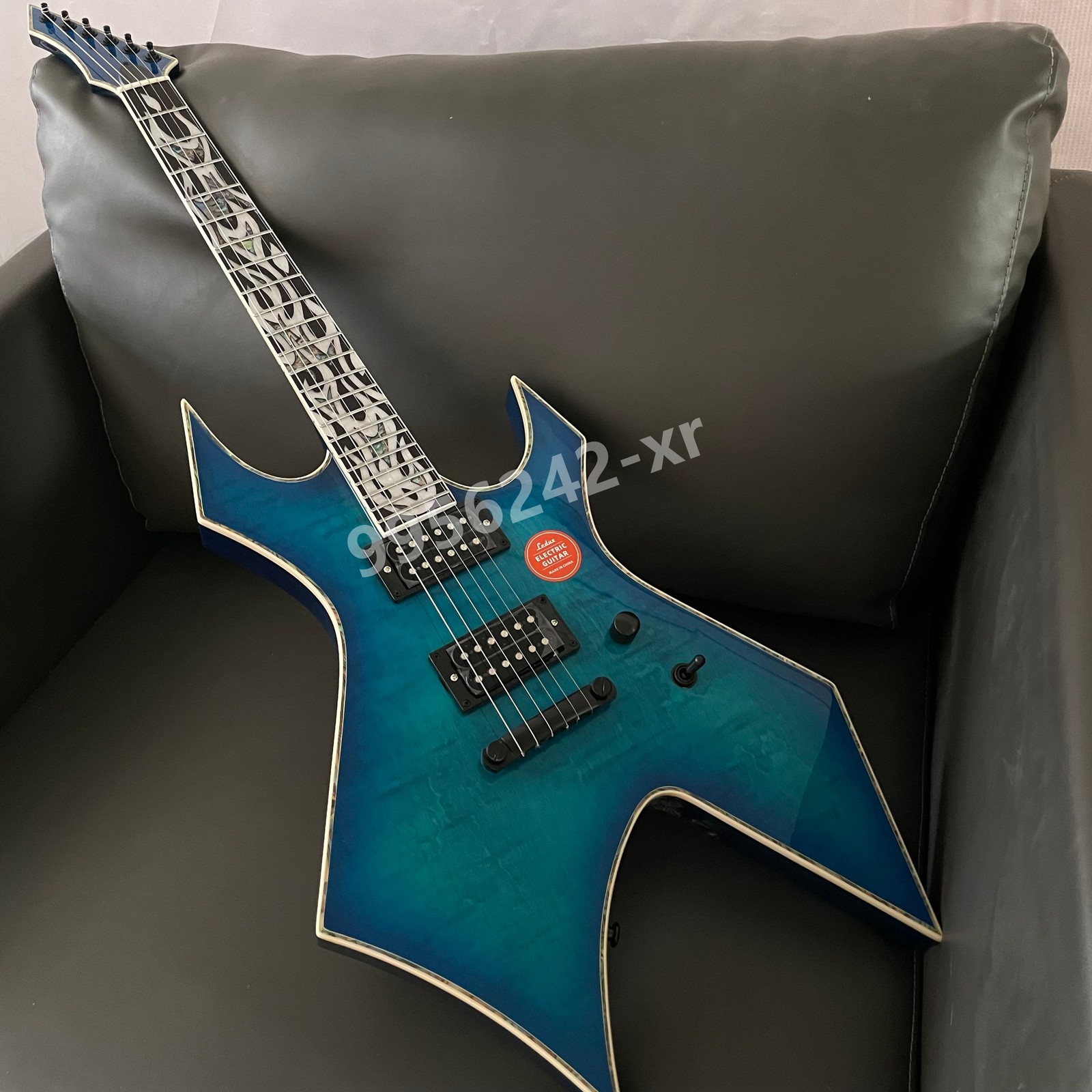 Solid Warlock Electric Guitar Stainless Rounded Fret Edge Flamed Maple Top Blue