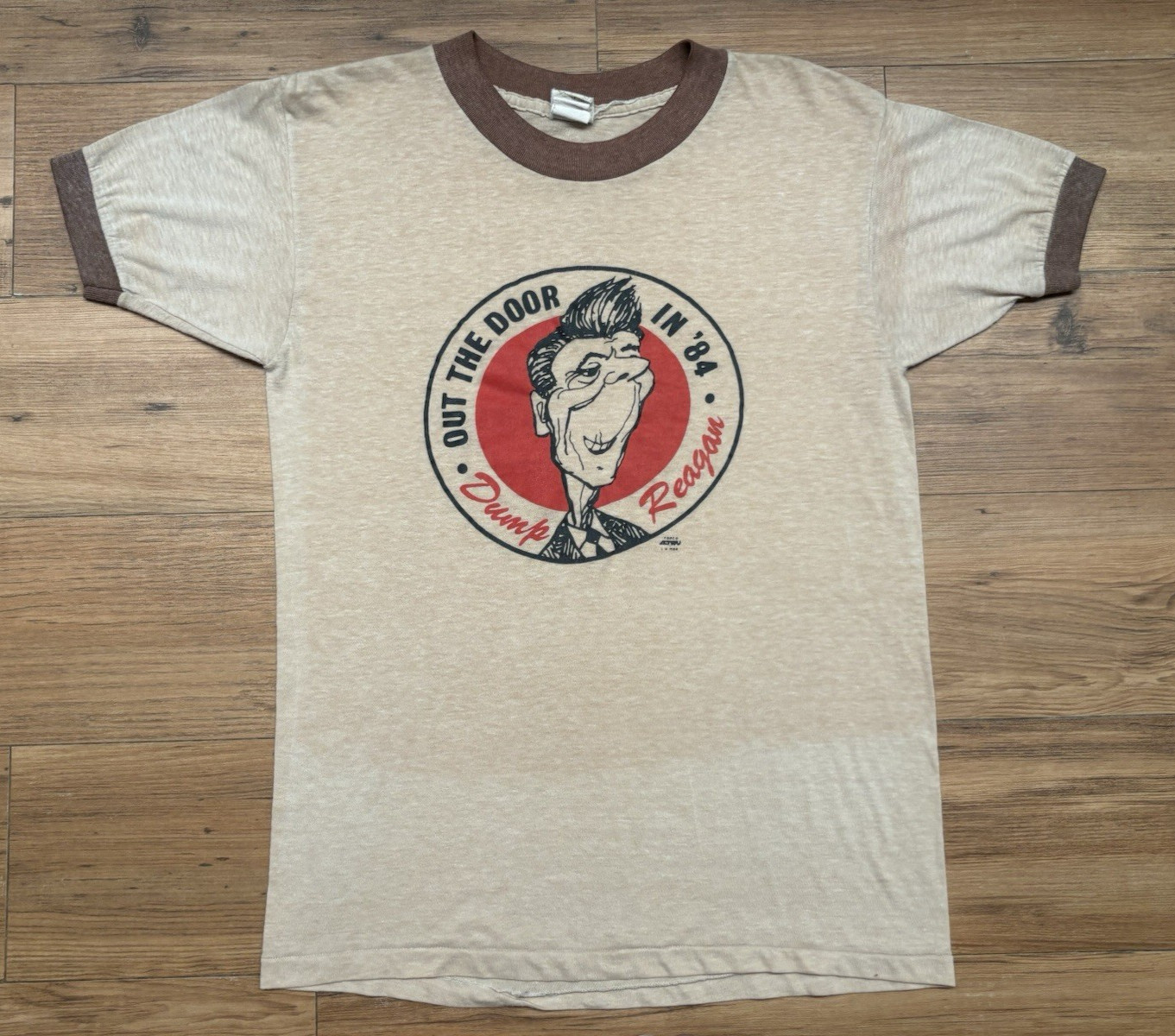 Vintage 1984 Dump Reagan Out The Door Ringer T-Shirt Political Union Made