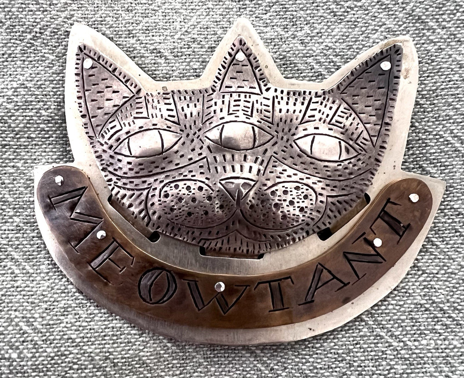 OOAK MIXED METALS CAT BROOCH Sterling SIGNED FW SCOTT silver, Brass, Steel 3x2.5