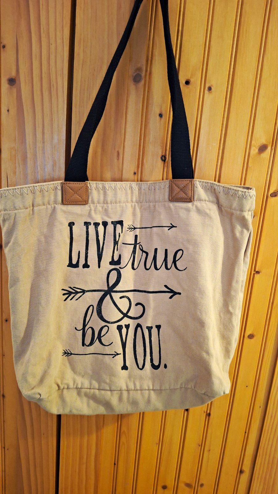 Thirty-One Women’s Beige Solid Tote, Black Double Handles, “Live True & Be You”