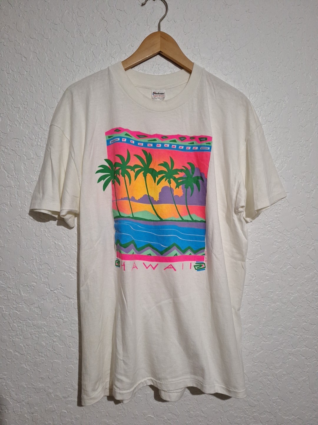 Vintage Stedman  90s Hawaii Windsurf Palm Trees Neon Graphic Surfer Shirt XL Usa