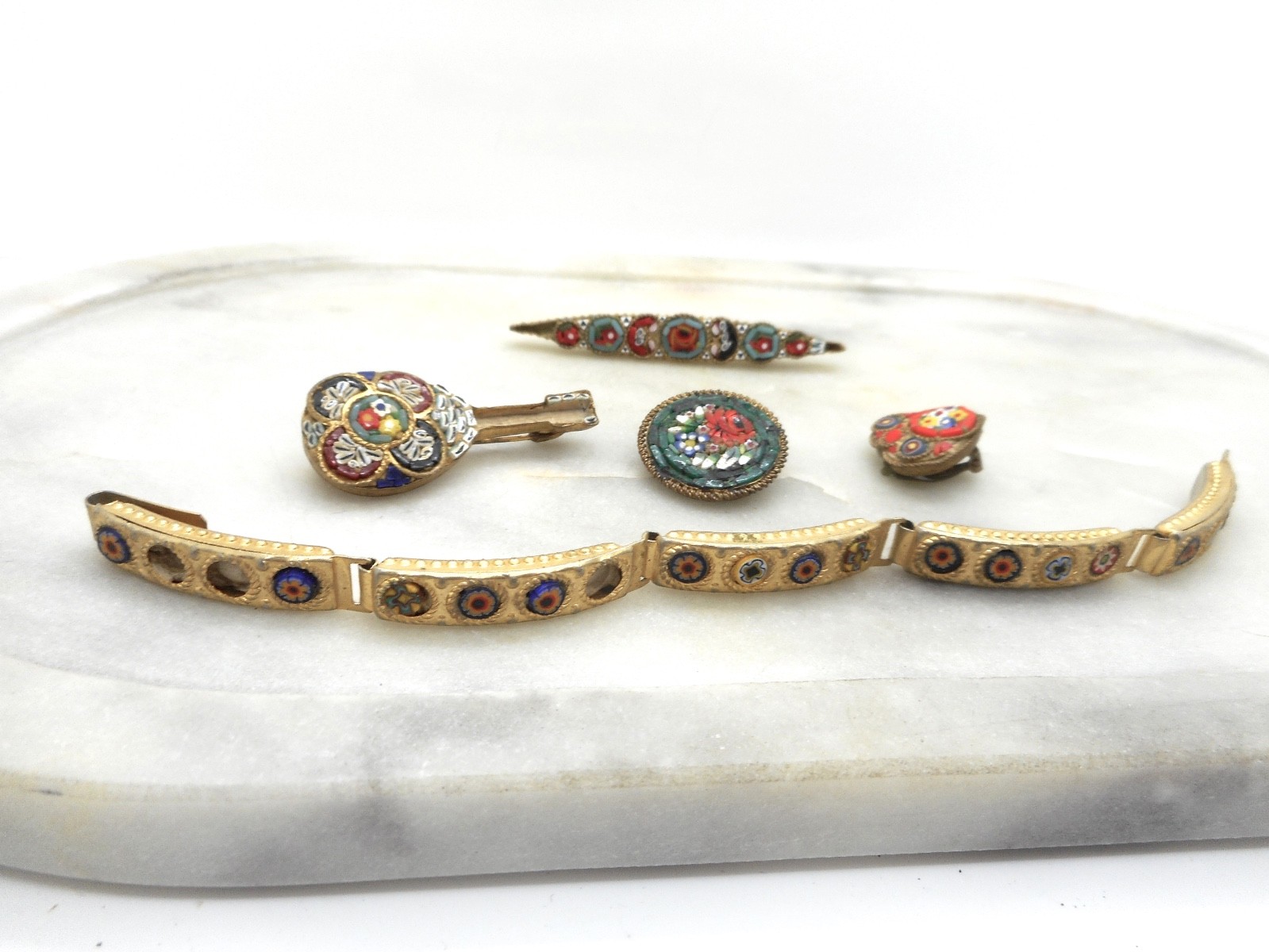 Damaged Lot 5PC Vintage Micro Mosaic Millefiori Brooches and Ring  1960\'s