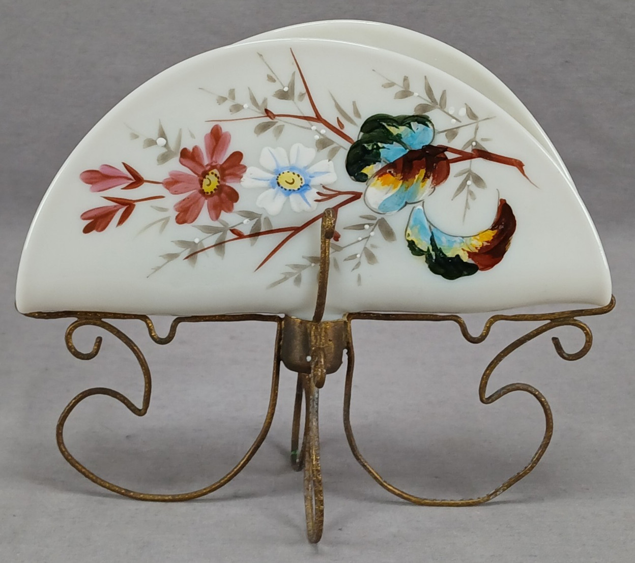 Antique Bohemian Hand Enameled Floral White Opaline Glass Vase With Brass Stand