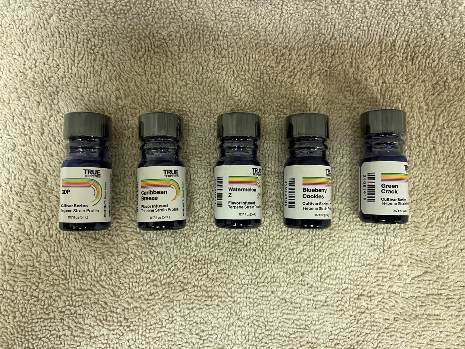 (5) True Terpene 5mL Cultivar GDP, Carib Breeze, WatermelZ, Blbry Cook, Grn Crk (5) True Terpene 5mL Cultivar GDP, Carib Breeze, WatermelZ, Blbry Cook, Grn Crk
