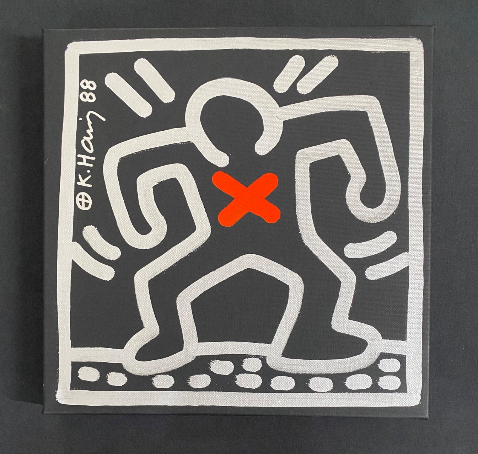 Keith Haring Painting on Vintage Unique Canvas SIGNED NYC POP SHOP Keith Haring Painting on Vintage Unique Canvas SIGNED NYC POP SHOP