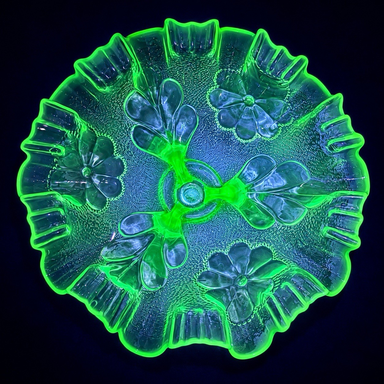 Antique Dugan Green Opalescent Uranium Glass Ghost Flower Footed Bowl 8.75”