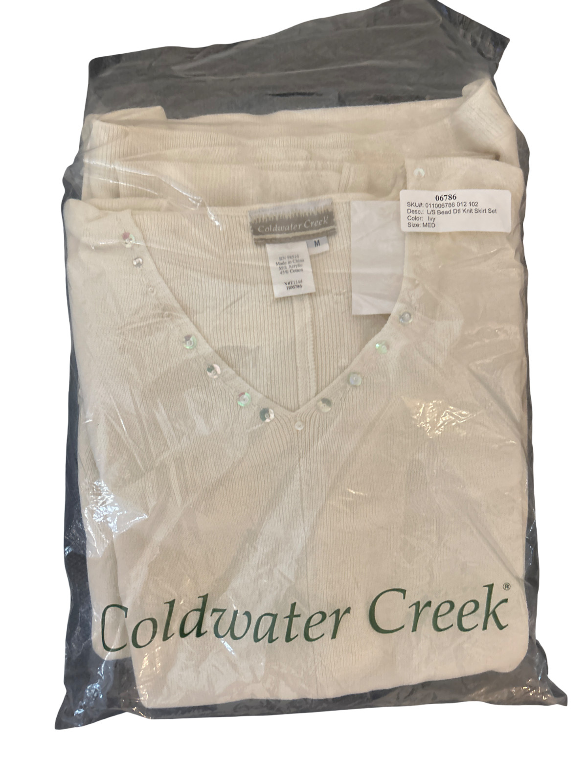 Y2K Vintage Coldwater Creek Ivory Beaded Trim Sweater & Skirt Set Medium NIB