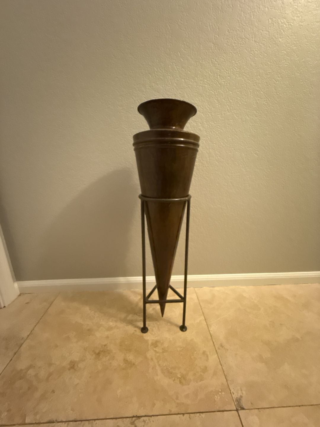 27 Inch Hand Hammered Copper Cone Industrial Floor Vase with Iron Stand 27 Inch Hand Hammered Copper Cone Industrial Floor Vase with Iron Stand