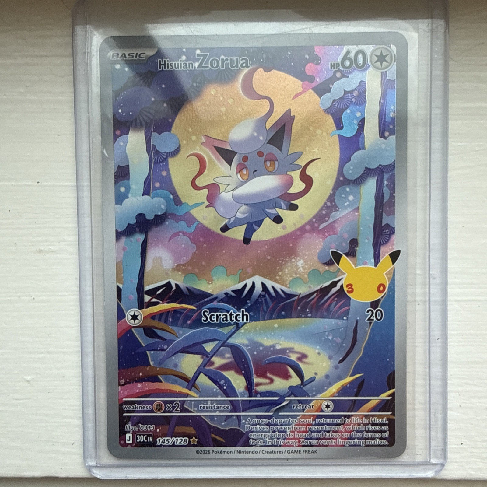 30th Pokemon TCG Hisuian Zorua 145/128 Illustration Rare Full Art Holo 30th Pokemon TCG Hisuian Zorua 145/128 Illustration Rare Full Art Holo