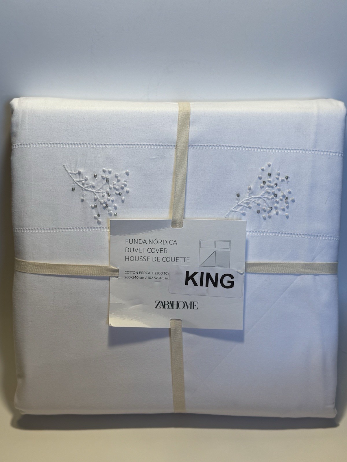 Zara Home King Duvet 200 Thread Count White Embroidery Cotton Percale New