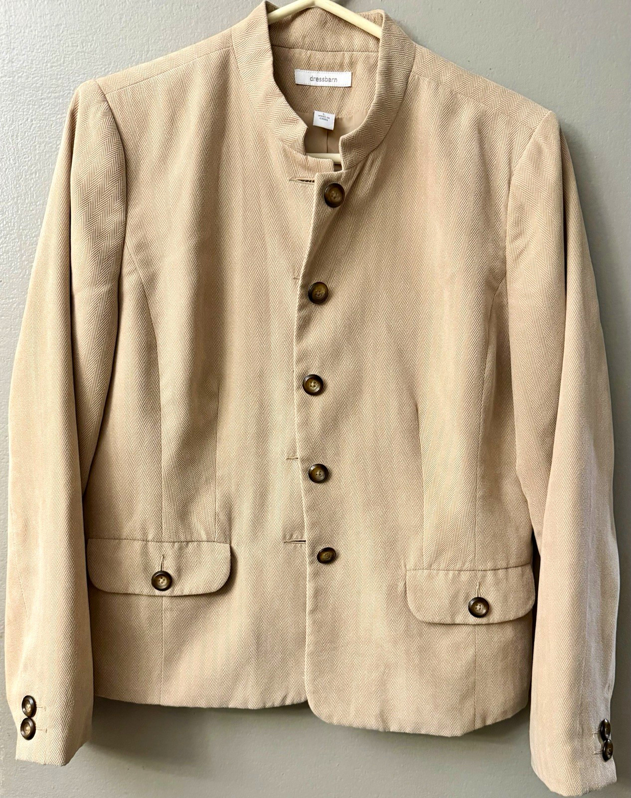 Dressbarn Beige Herringbone Lined Single-Breasted 5-Button Blazer Jacket L
