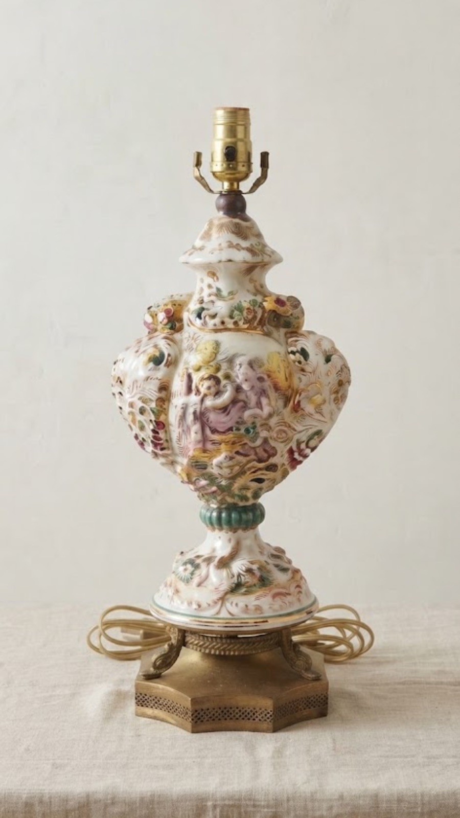 Vintage Capodimonte Style Pierced Porcelain Table LampPutti Cherubs Gold Accents Vintage Capodimonte Style Pierced Porcelain Table LampPutti Cherubs Gold Accents