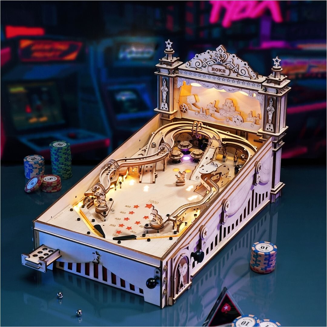 ROKR 482PCS 3D Pinball Machine Wooden Puzzle DIY Vintage Style Family Game Gifts