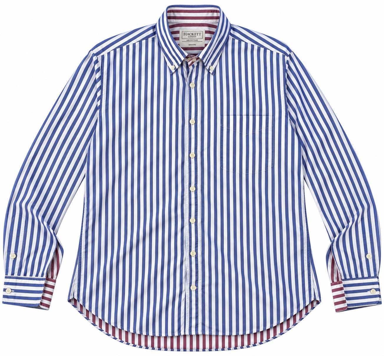 Hackett London Men\'s Cotton L/S Button Down Oxford Shirt Blue Stripe Red • M