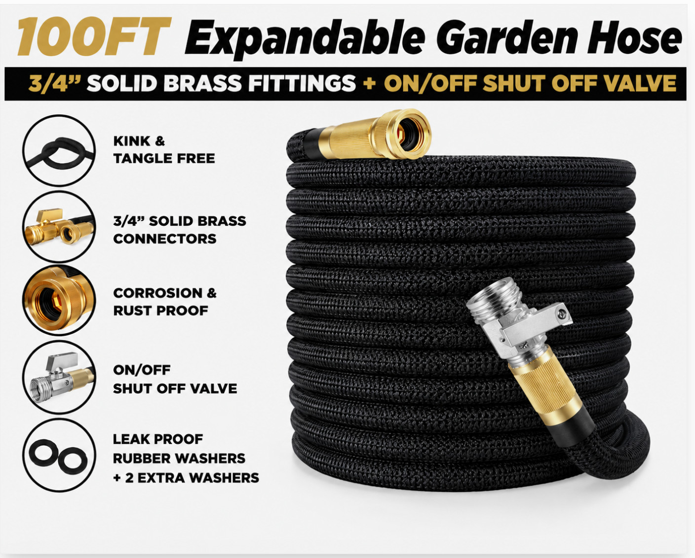 100FT Expandable Garden Hose Heavy Duty Metal Shut Off Valve 3/4\ 100FT Expandable Garden Hose Heavy Duty Metal Shut Off Valve 3/4\