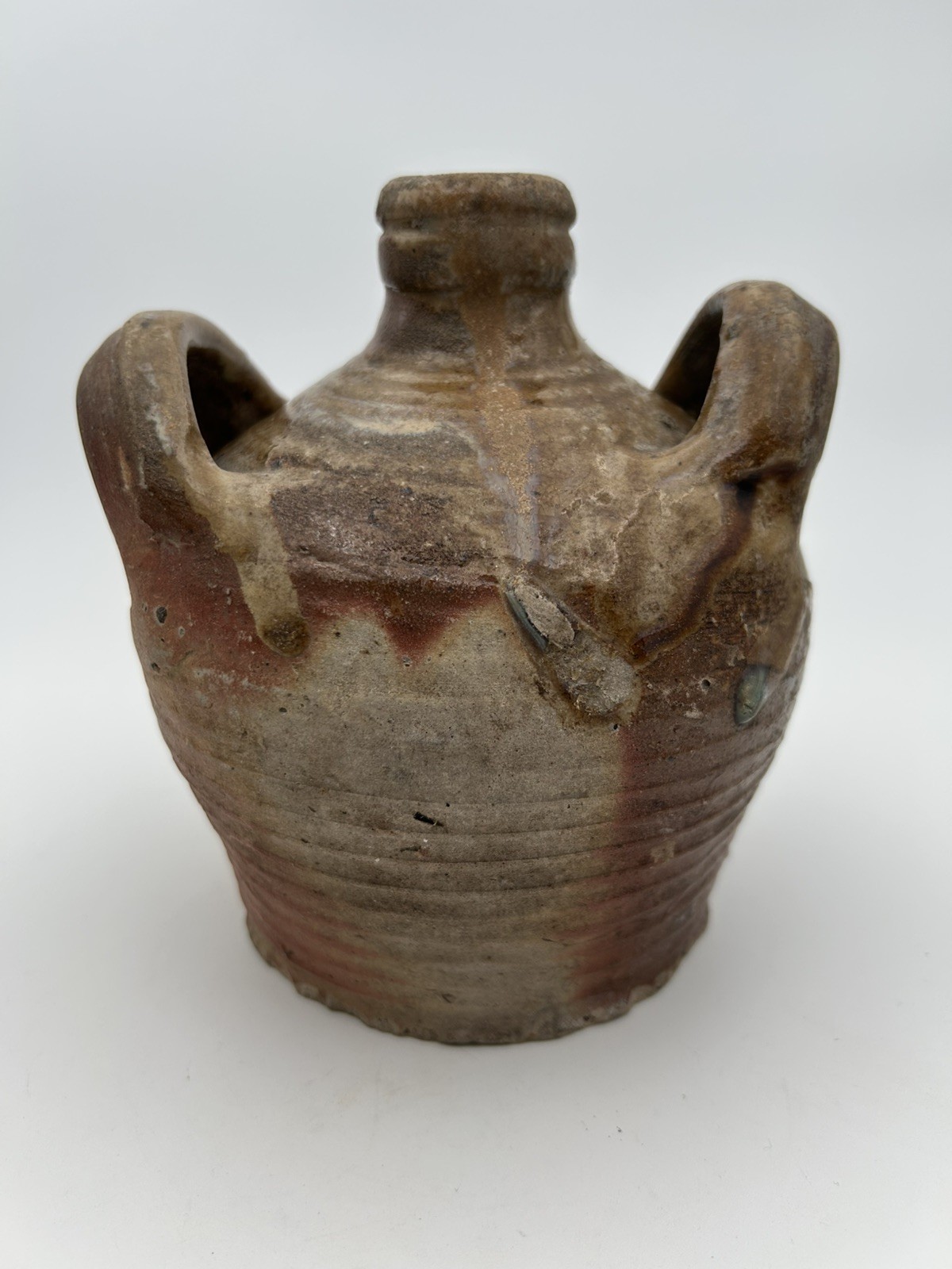 Antique French Wood Fired Stoneware Pottery Two Handle Oil Jug Demijohn 6.25” Antique French Wood Fired Stoneware Pottery Two Handle Oil Jug Demijohn 6.25”
