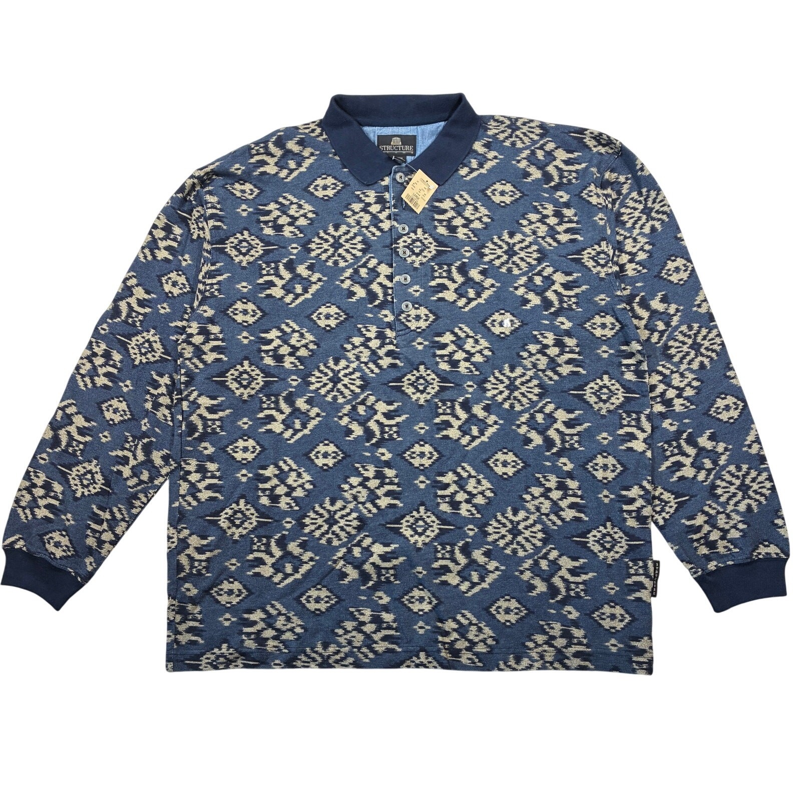 Vintage Deadstock Structure Polo Shirt Men Large Navy Aztec Abstract Long Sleeve