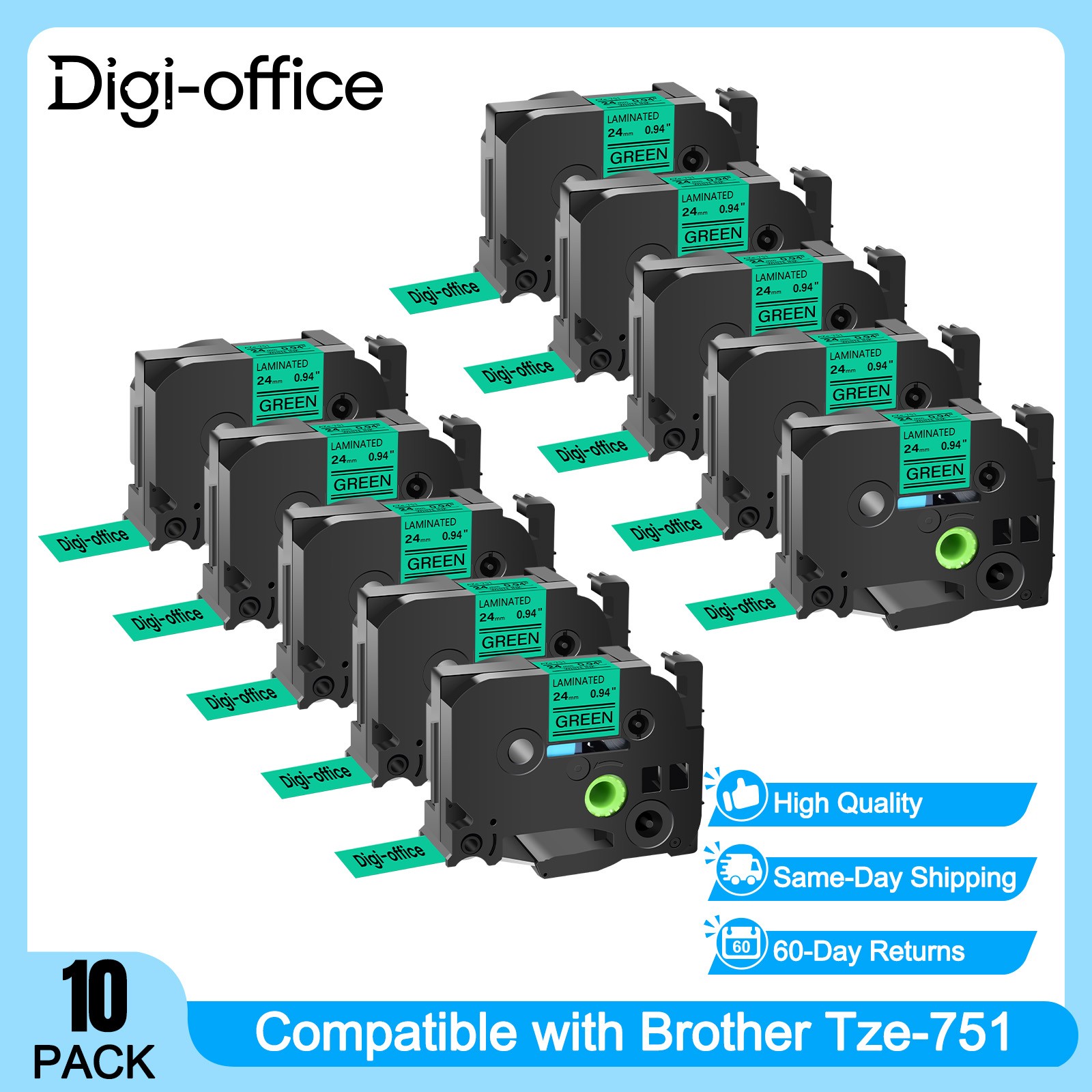 10PK Compatible with Brother P-Touch TZ751 TZe751 Black/Green Tape 24mm Label