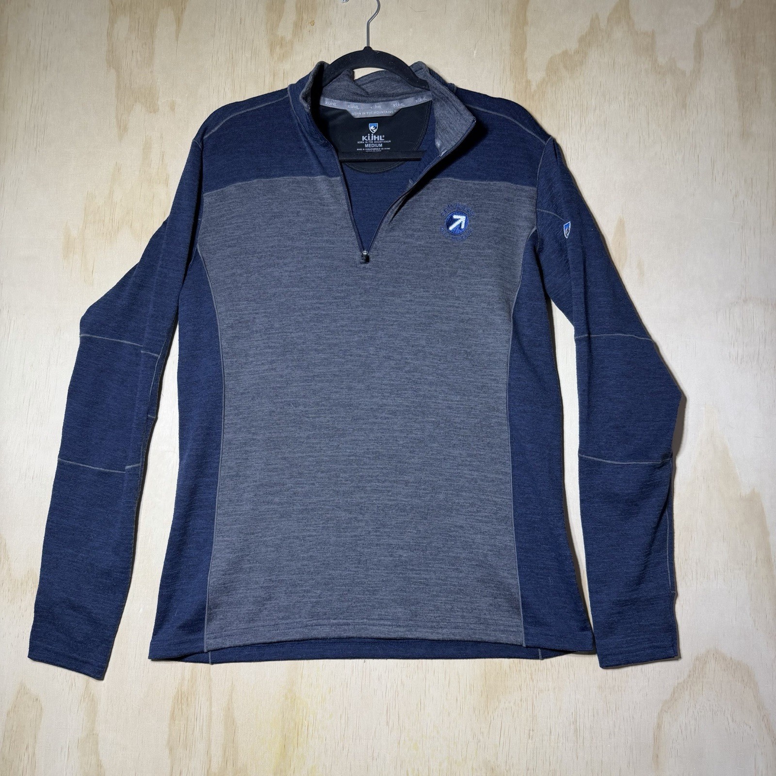 KÜHL Medium 1/4 Zip Pullover Gray Blue Performance Sweater Compass Logo Outdoor