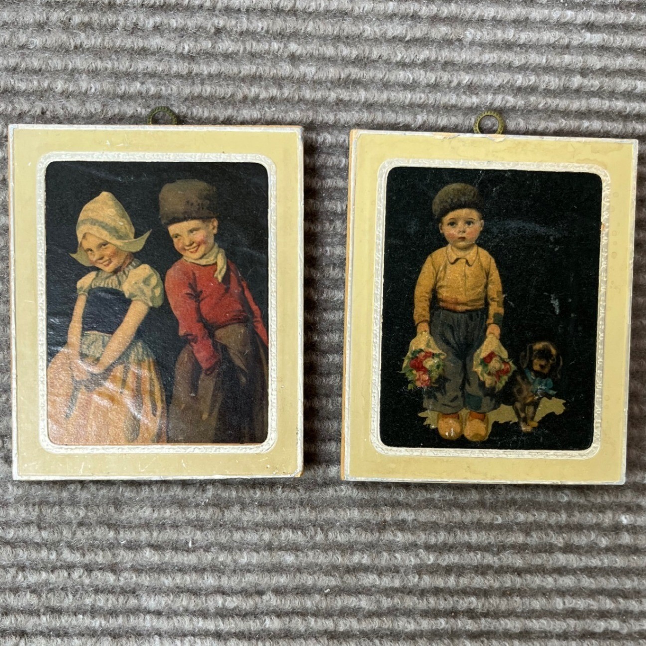 Vintage Dutch Children Wood Wall Plaques Set of 2 Miniature Folk Art Boy Girl