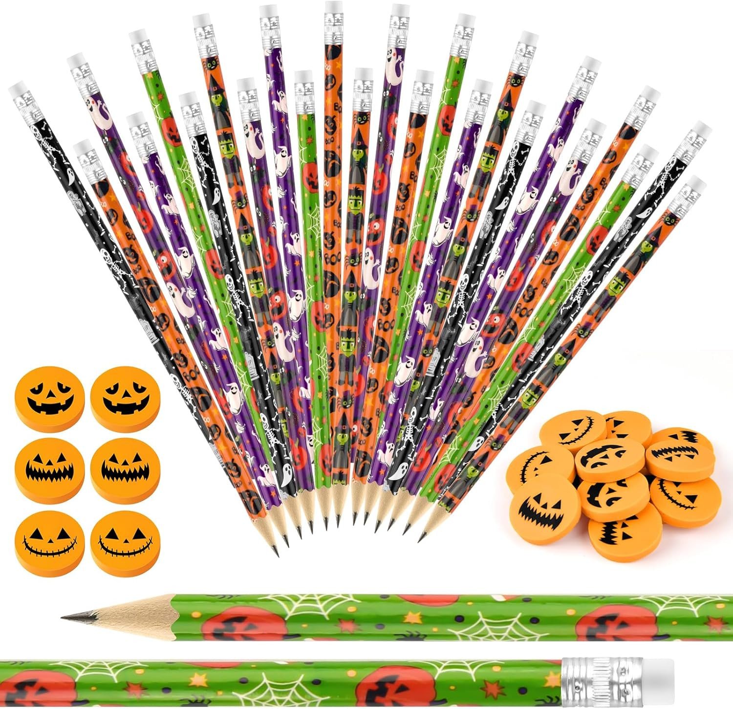 24 Pieces Carton Halloween Pencils with 24 Pieces 3D Pumpkin Erasers Sets in Bul