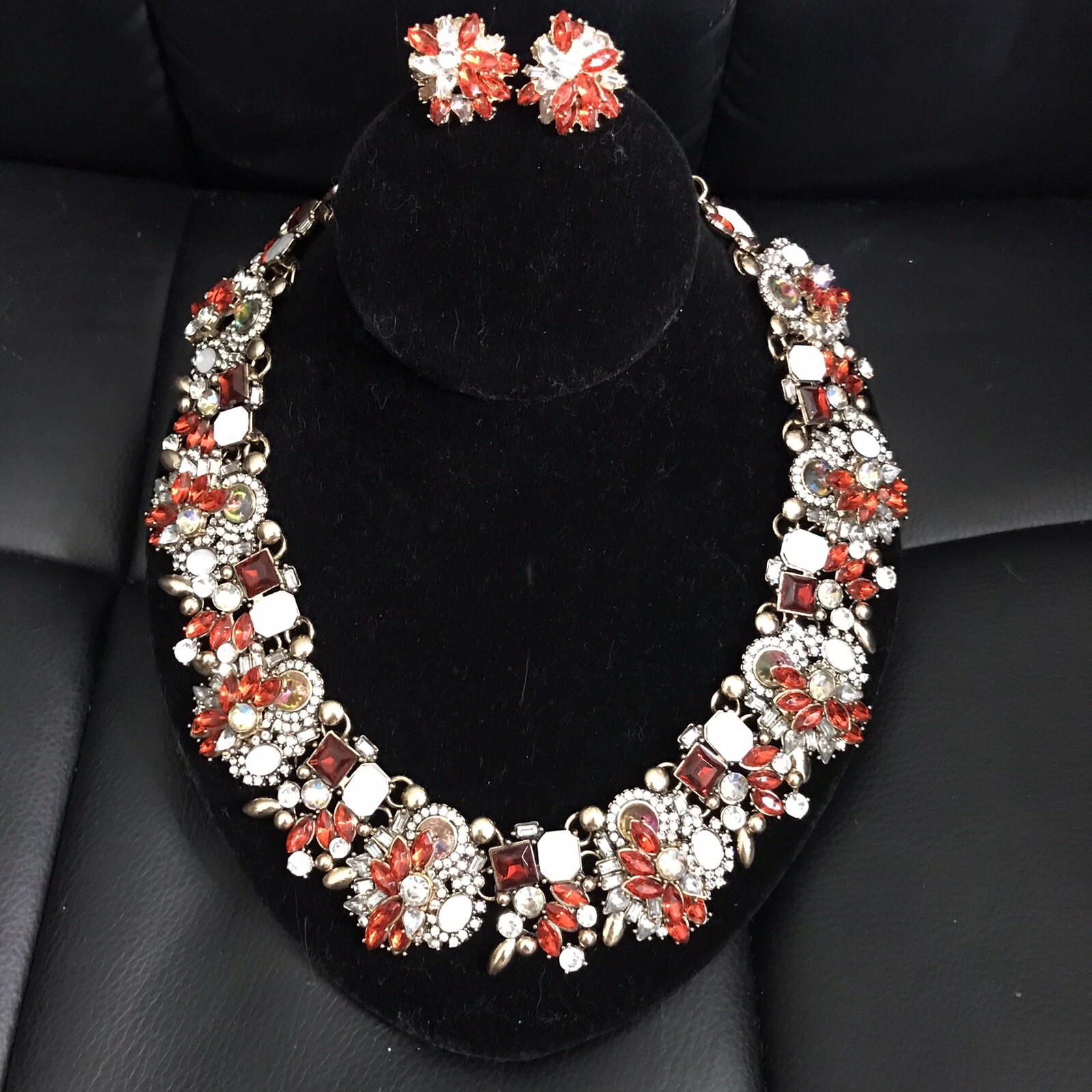 Jerollin Rhinestone Necklace and Pierced Earring Set with Revoli Stones Red