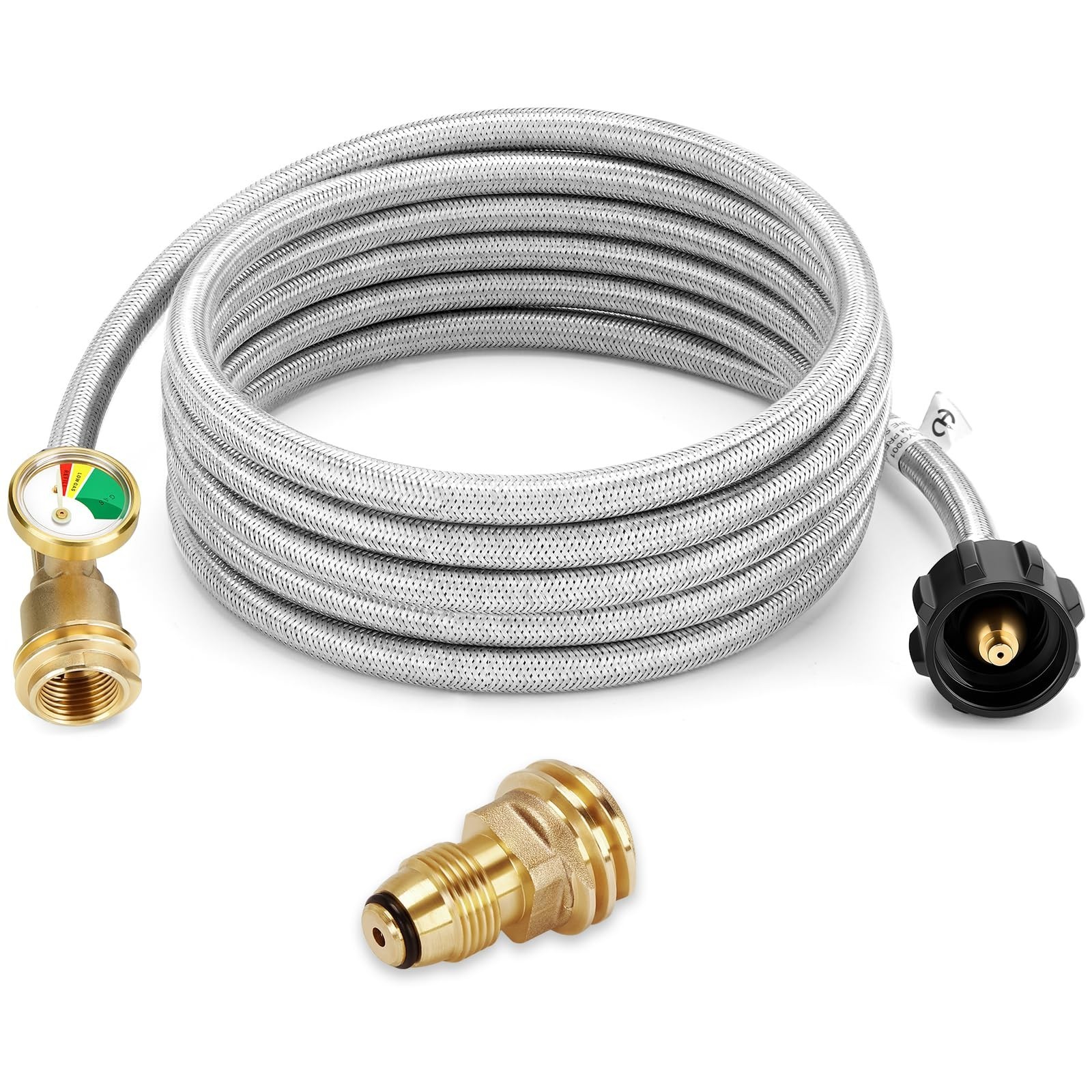 12 Feet Propane Tank Extension Hose Braided with Gauge to Male QCC/POL 12 Feet Propane Tank Extension Hose Braided with Gauge to Male QCC/POL