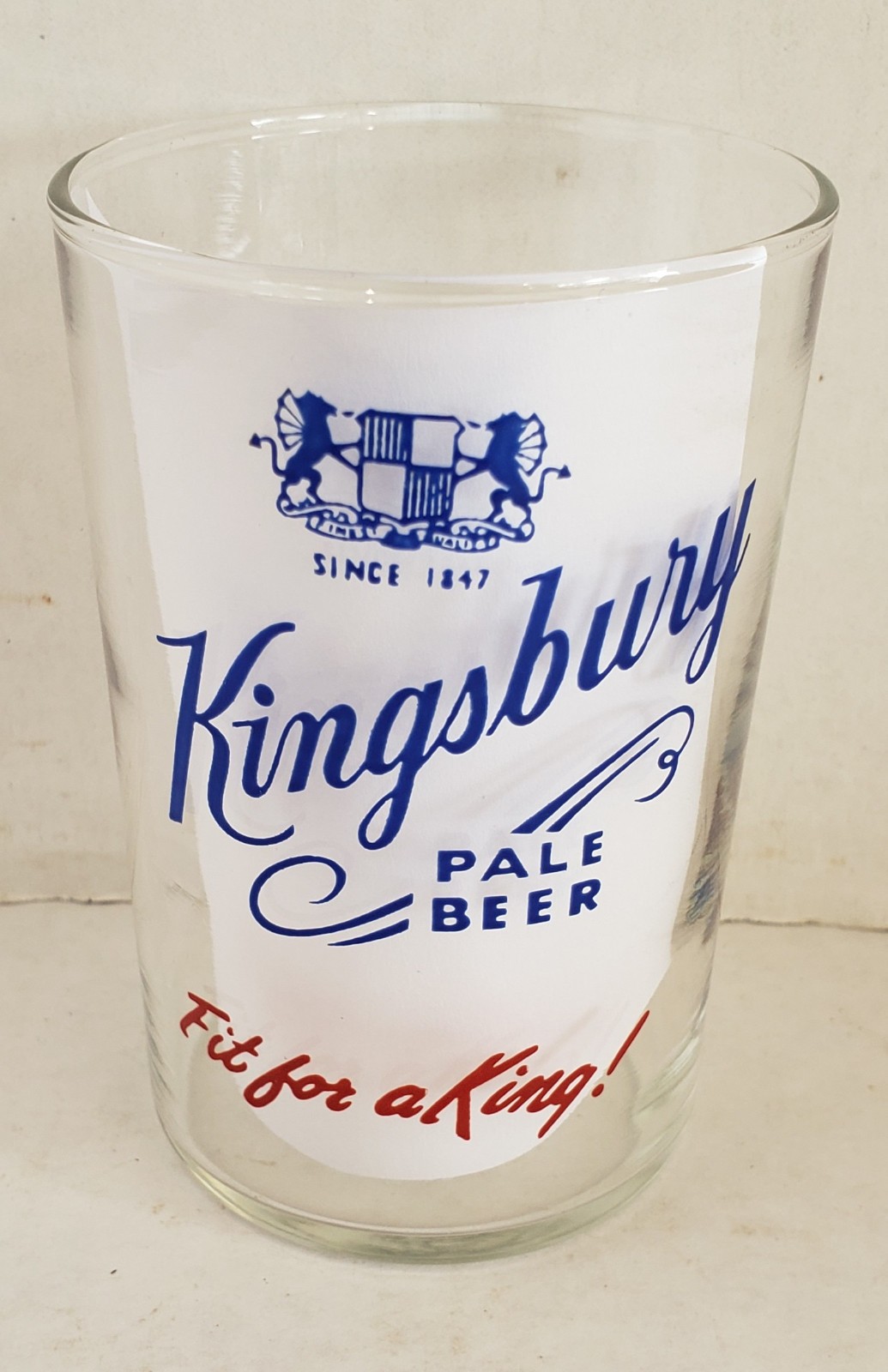 Kingsbury Pale Beer glass #3, blue and red, “Fit for a King” Manitowoc Wisconsin Kingsbury Pale Beer glass #3, blue and red, “Fit for a King” Manitowoc Wisconsin