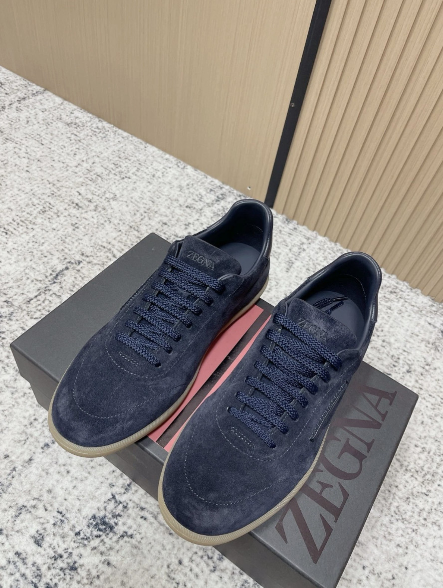 Zegna Men\'s Luxury Navy Suede Lace Up Sneakers Casual Low Top Shoes EU42-US9