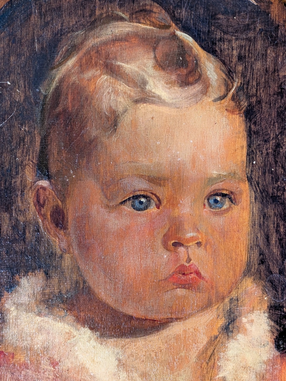 Antique Oval Hand-painted Baby Portrait Oil On Board