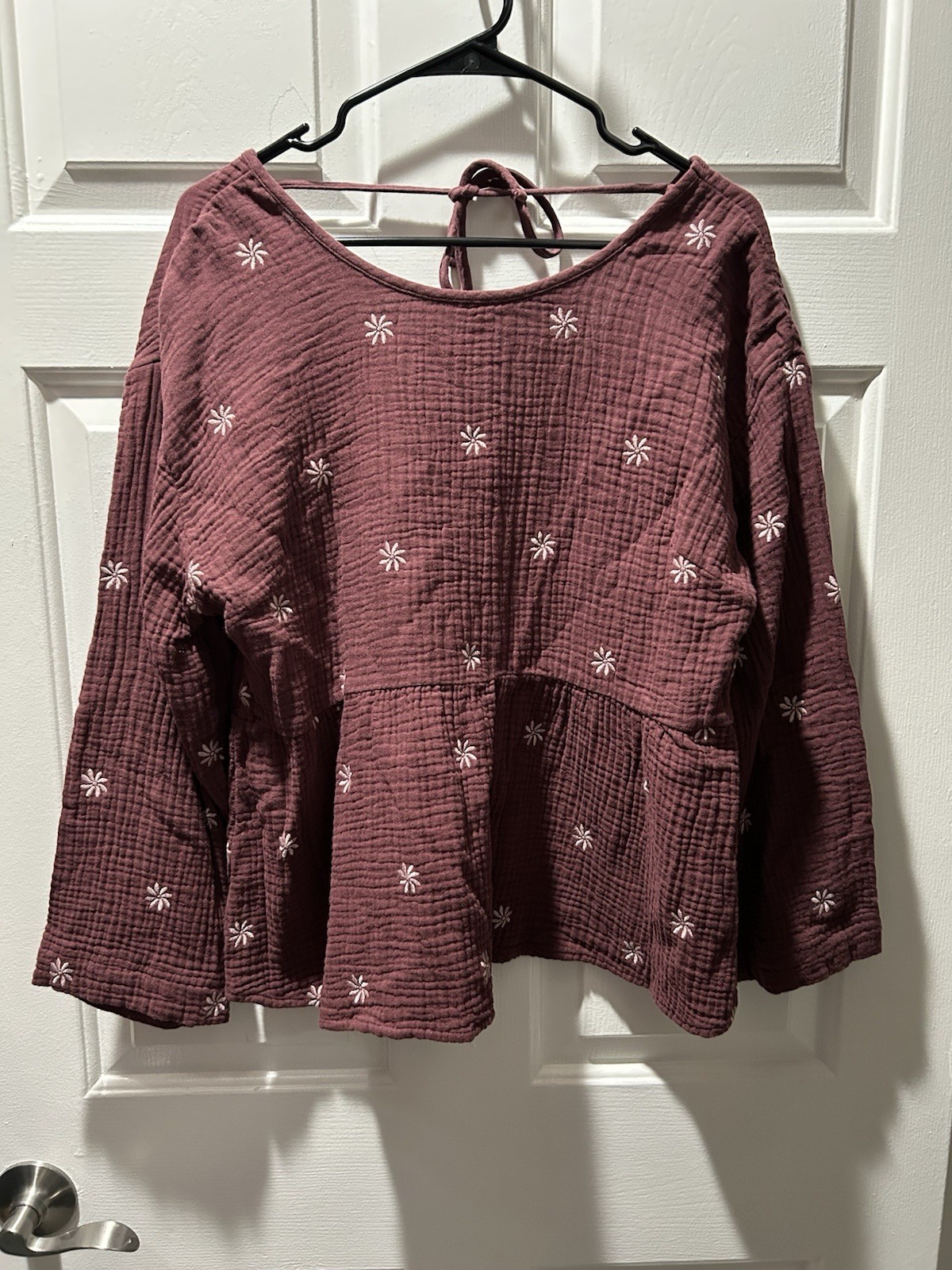 Madewell Embroidered Lightspun Peplum Open-Back Top Vintage Mulberry Size Large