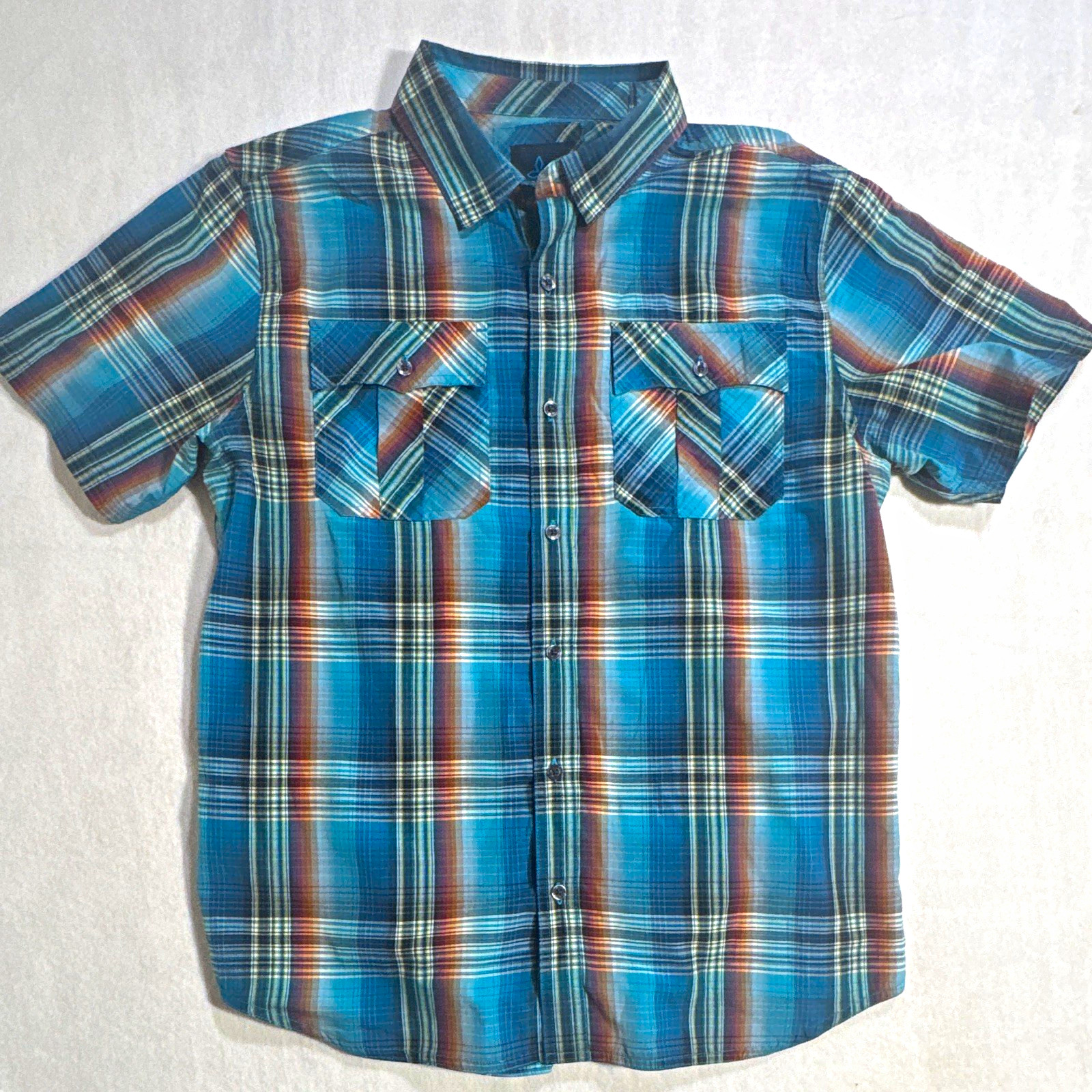 prAna Men’s L Blue Multicolor Plaid Woven SS Button-Up Shirt Pockets Point