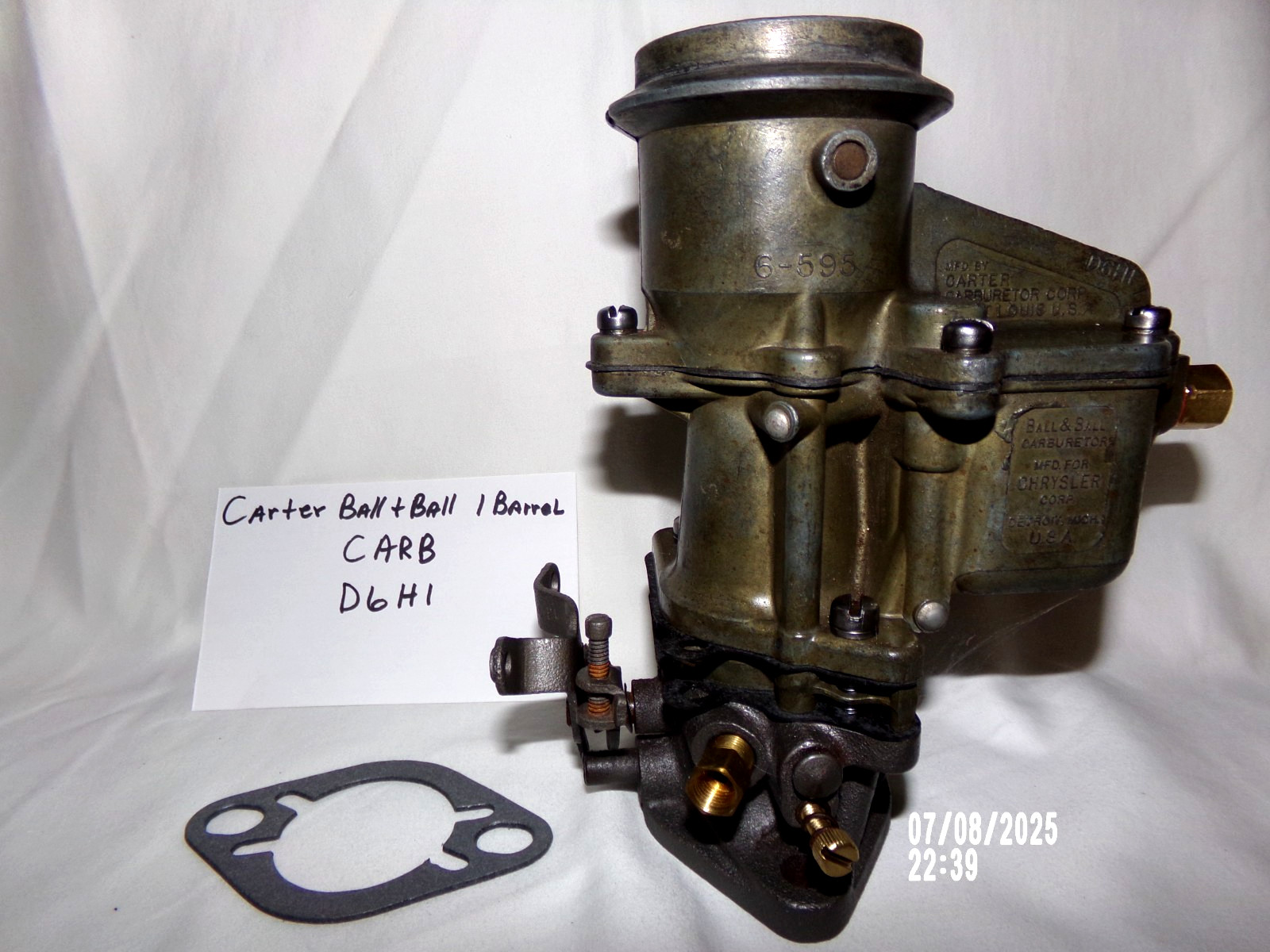 1949-54 CHRYSLER CORP. 6 CYLINDER STANDARD TRANS CARTER BALL & BALL 1 BBL- D6H1 1949-54 CHRYSLER CORP. 6 CYLINDER STANDARD TRANS CARTER BALL & BALL 1 BBL- D6H1